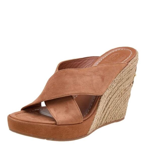 Tory Burch Wedge Espadrille Sandal Brown Suede Slip On Size 6 - Picture 1 of 11